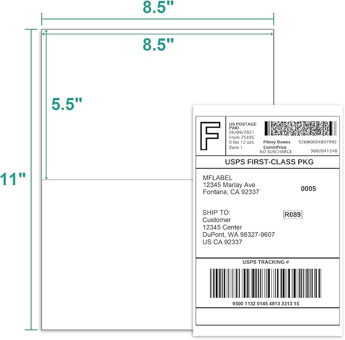 MFLABEL Half Sheet Labels with Self Adhesive, 8.5 x 11 Inches Packaging Labels, Address Labels, Shipping Labels for Laser & Inkjet Printers, 50 Count(25 Sheets)