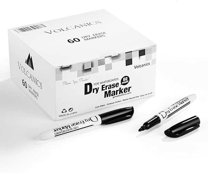 Volcanics Black Dry Erase Markers Bulk Pack of 60 Low Odor Fine Tip Whiteboard Pens for Whiteboard Dry Erase Calendar