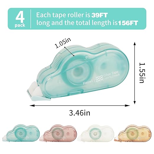4 Pack Double Sided Tape Roller for Crafts,Adhesive Glue Runner for Scrapbooking,Journaling Home School Office Supplies,Scrapbook Tape,0.23IN x 39FT