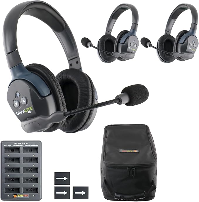 EARTEC UL3D Ultralite-HD 3-Person Full Duplex Wireless Intercom Headset Communication System, Dual Ear Headsets, Up to 1000ft Range, U.S. Company