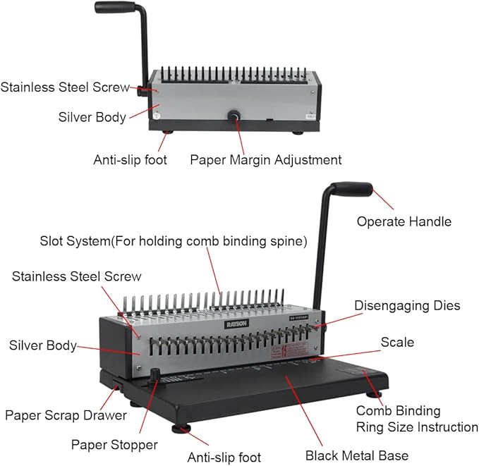 Rayson SD-1501A21 Binding Machine with Combs Set - 21 Hole / 200 Sheets Comb Binder for Punching or Binding