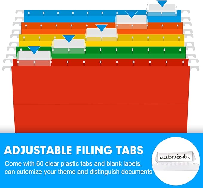 Extra Capacity Hanging File Folders, RAZCC 60 Pack Letter Size Reinforced Hanging Folders with Heavy Duty 2 Inch Expansion for Bulky Files, Filing Cabinet, Adjustable Tabs, Assorted Colors