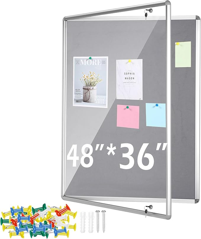 Suzile 1 Pcs Gray Enclosed Bulletin Board Lockable Cork Case Notice Board Aluminum Framed Waterproof Locking Cabinet with Mounting Screws for School Class Office Wall Display Pictures 48x36 Inch