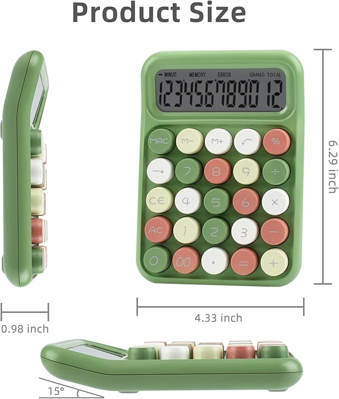 Desktop Mechanical Calculator, 12-Digit Large LCD Display Basic Standard Calculators with Cute Big Buttons, Desk Accessories, for Office Home School (Green)