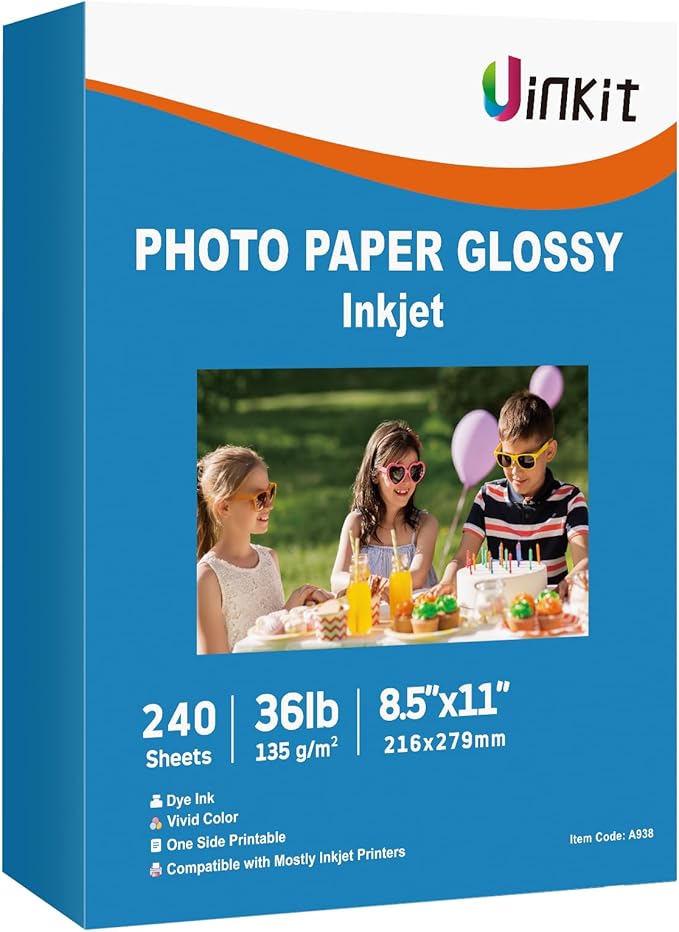 Uinkit 37lb Thin Flyer Paper Glossy 8.5x11 Inkjet 240 sheets Single Side DIY Chip Bag 135gsm Photos Picture for Inkjet Printer with Dye Ink Printer Letter size A4 Brochure