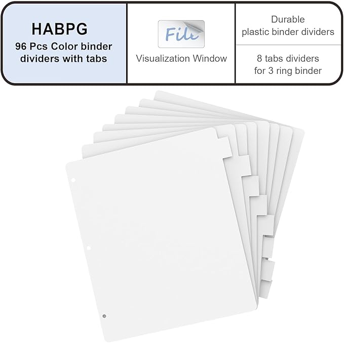 3 Ring Binder Dividers with 8 Tabs, 12 Set 8 Dividers Binder, 1/5 Cut Tabs, Letter Size Binder Dividers White, Sheet Protectors 8.5" x 11", 3 Hole Punch Dividers 8 Tab Sets, Total 96 Dividers