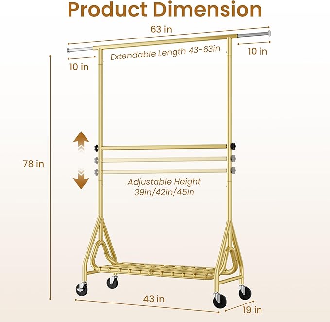 Double Rods Clothing Rack, Heavy Duty Clothes Rack for Hanging Clothes Load 560LBS, Metal Rolling Garment Racks with Wheels, Freestanding Clothes Hanging Racks, Gold