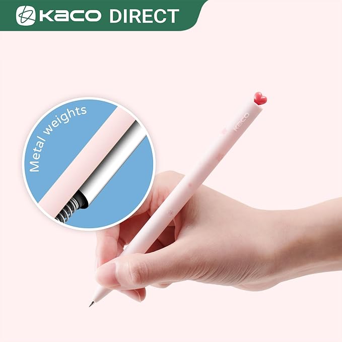 Kaco FIRST Gel Pens Cute Stationery, Pack of 2 Pieces Heart Pen Set with Extra 4 Black Refills (2 Pink)