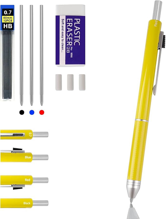 4-in-1 Four-Color Multifunctional Pen, Black/Red/Blue Ballpoint Pen and 0.7mm Mechanical Pencil, Metal Case Pen, Great Gift for Friends, Loved Ones (Yellow)