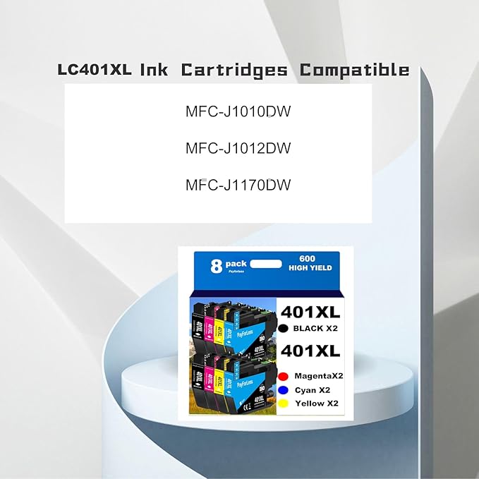 PFL LC401XL Ink Cartridges for Brother Printer Compatible LC401 Ink Cartridges for MFC-J1010DW MFC-J1012DW MFC-J1170DW Printer 8 Pack (2 Black, 2 Cyan, 2 Magenta, 2 Yellow) Not Original Ink Cartridge