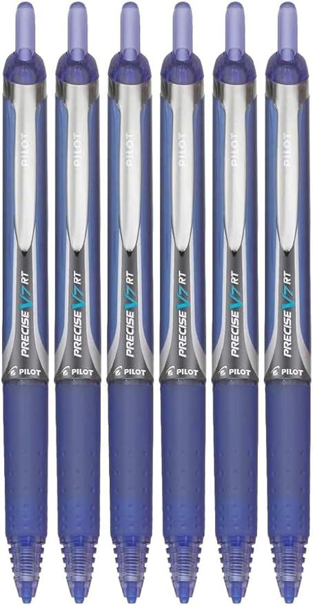 Precise V7 RT Retractable Rolling Ball Pens, Fine Point (.7mm), Blue Ink, 6-pk; Premium Comfort Grip, Bundle with Plastic Reusable Pouch