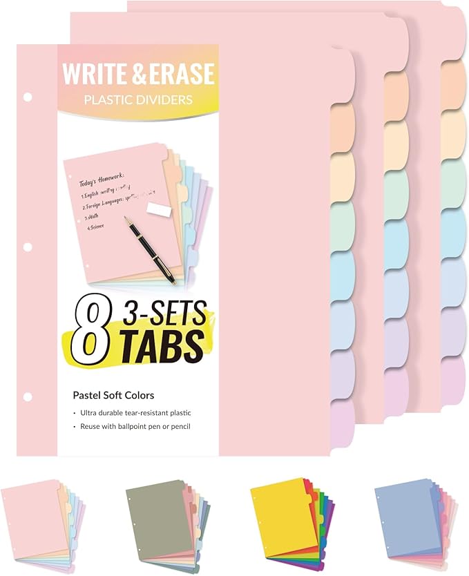 Sooez 8-Tab Durable Plastic Write & Erase Big Tab Dividers for 3 Ring Binder, Aesthetic Cute Pastel Binder Dividers for Student, Teacher, Office, Home Organizers, 3 Sets, Pastel