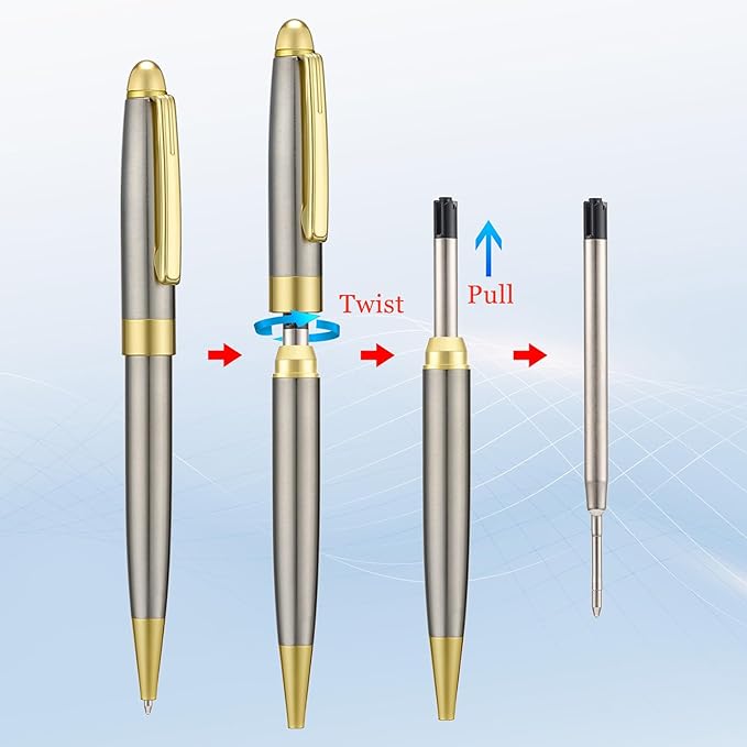 5 PCS Silver Ballpoint Pens with Extra Refills Set, 1mm Medium Point Black Ink, Great Smooth Writing Metal Pen for Business Office Teacher Student Wedding Guest Gift (Gold Trim)