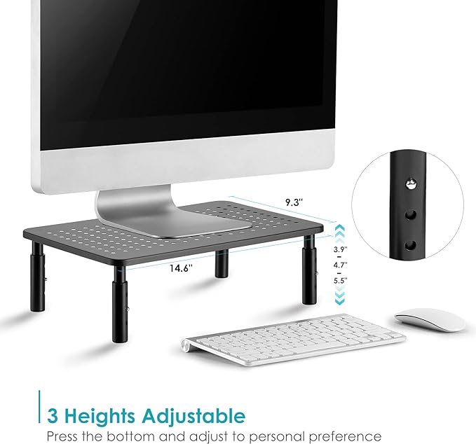 TV/Monitor Riser Desktop Stand, Flat Screen, Sturdy Metal Laptop Computer Shelf for Printer, iMac, 3 Height Adjustable PC with Mesh Platform , 2 Pack