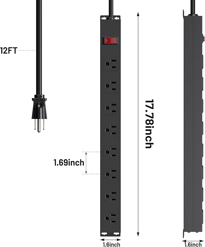 8 Outlets Metal Heavy Duty Power Strip with 12 Ft 14AWG Power Cord,Wide Spaced Outlets,Wall Mount Long Power Strip for Commercial,Industrial,School,Garage,Home,15A 125V 1875W,Black (12FT)