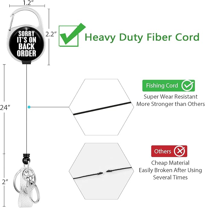 Sorry It's on Back Order Badge Reel Retractable Heavy Duty with 360° Swivel Carabiner Clip, ID Badge Holder Retractable, Nurse Teacher Retractable Keychain Name Badge Clip Pharmacy Technician Gifts