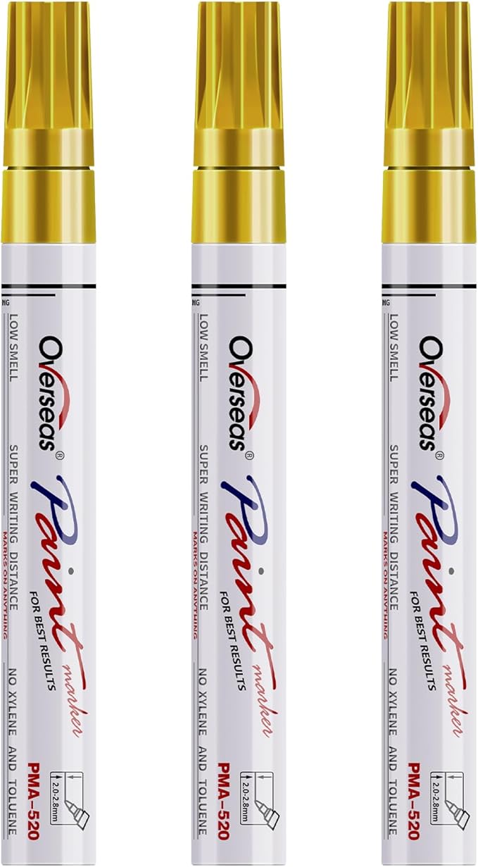 Overseas Permanent Paint Markers Pens - 3 Pack Gold Oil Based Paint Pens, Medium Tip, Quick Drying and Waterproof Marker Pen for Metal, Rock, Wood, Fabric, Plastic, Canvas, Mugs, Stone, Glass