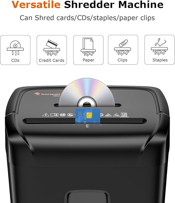 Bonsaii 12-Sheet Paper Shredder for Home Office Use, 10-Minute Cross Cut Shredder with 5.5 Gallons Bin, P-4 High Security Heavy Duty Office Shredder Shred CD/Credit Card