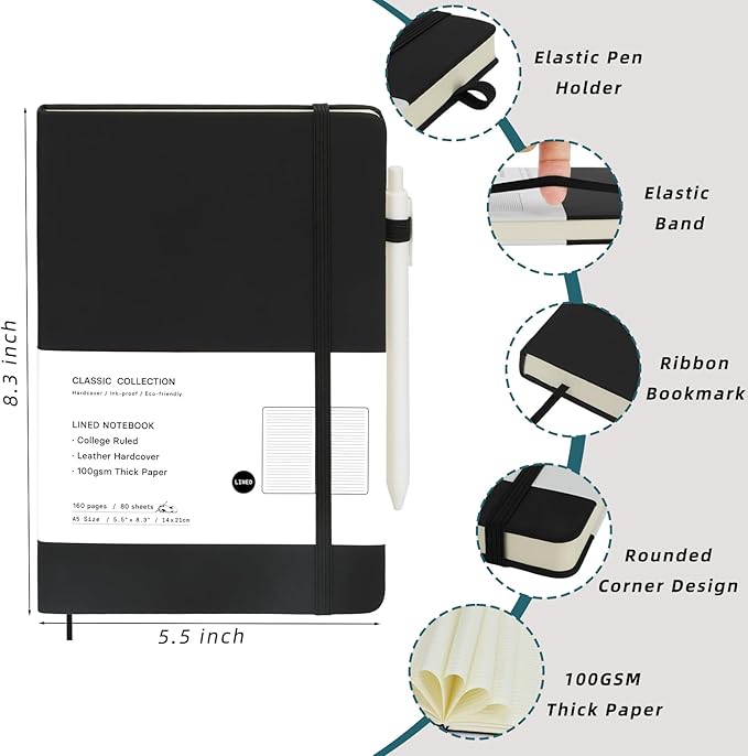 Coopay 6 Pack A5 Journal Notebook with 6 White Pens Bulk Classic Ruled Hardcover Leather Journal Set with Pen Holder for Men Women Writing Office Home School Business, 100GSM, 8.3” x 5.5” (Black)