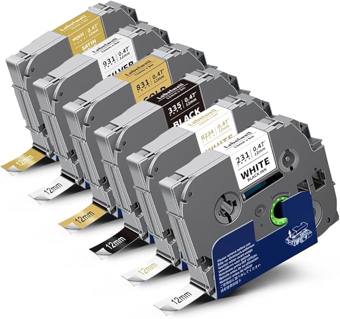 6-Pack Compatible TZe Label Tape 12mm 0.47 Inch Laminated Multi-Color TZ TZe-231 234 335 831 931 MQ835 TZe231 for PT-H110 D200 D210 D220 Label Maker, White/Gold/Sliver/Black