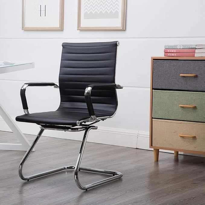 Black Office Desk Chair No Wheels Set of 8 PU Leather Computer Chairs Mid Back Guest Chairs for School Reception Conference Waiting Room, Black