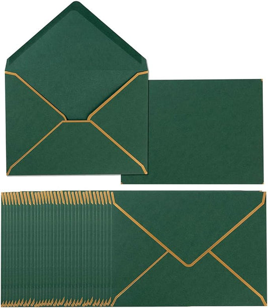 50 Pack A7 Envelopes Dark Green 5 x 7 Self-Adhesive V Flap Envelopes with Gold Border for Office, Greeting Card, Wedding, Graduation, Baby Shower, Parties, Invitations (Dark Green, 5x7)