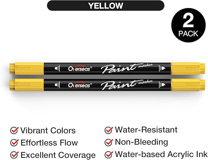 Overseas Yellow Acrylic Paint Markers, 2 Pack Dual Tip Paint Pens Acrylic Markers with Dot and Brush Tip, Coloring Marker for Wood, Rock, Canvas, Glass, Metal, Plastic, Fabric, School Supplies