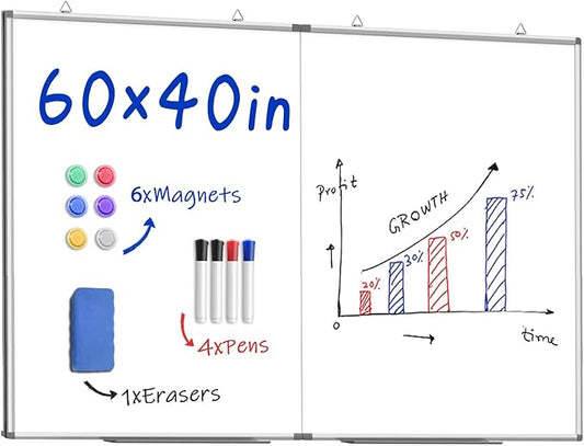 60"X 40" Large Magnetic Dry Erase Whiteboard, Wall Hanging Board with 8 Pens & 4 Dry Erasers & 30 Magnets, Sliver Aluminum Frame White