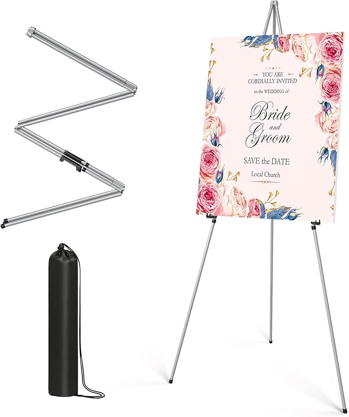 Display Artist Easel Stand - 63" Instant Tripod Collapsible Portable Floor Easel - Easy Folding Adjustable Art Poster Metal Stand for Display Show, Wedding, Painting - Silver