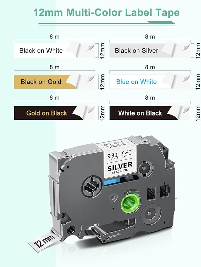 6-Pack 12mm 0.47" Laminated Multi-Color Label Tape Compatible for Brother Tze-931 Tze-831 Tze-233 Tze-334 Tze-335 P Touch Tape Tze Tz 12mm 0.47" Color for PTH110 PTD220 PTD210 PTD400 PTD610BT