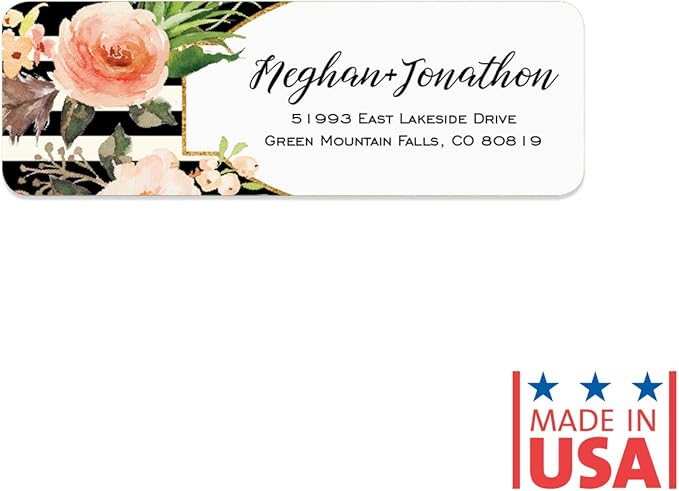 Black and White Stripe Floral Rolled Address Labels/Roll of 250 Personalized Return Address Labels/Designer Return Address Stickers in Elegant Plastic Dispenser