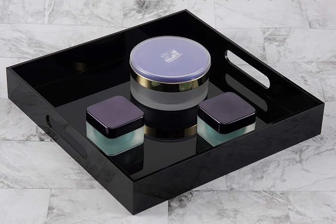 Glossy Black Sturdy Acrylic Serving Tray with Handles - 12x12 Inch Multipurpose Tray for Coffee, Appetizers, Breakfast, and More