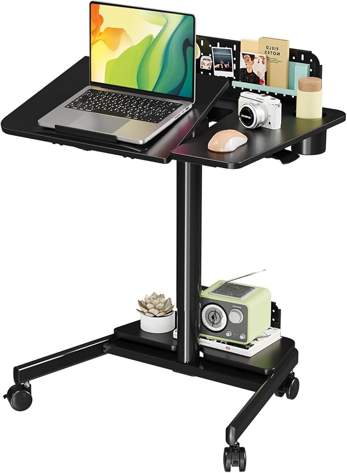 JOY worker Mobile Standing Desk with 60° Tiltable Desktop, 28" Height Adjustable Rolling Desk, DIY Pegboard & Storage Base, Portable Laptop Desk with 4 Lockable Wheels for Home Office, Black