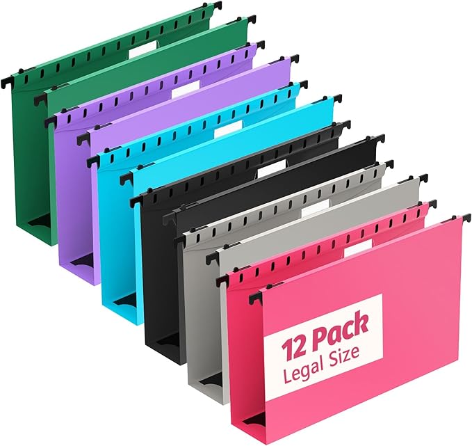 Extra Capacity Legal Size Plastic Hanging File Folders,12 Pack Reinforced Legal Size Hanging Folder with Heavy Duty 2 Inch Expansion,for Bulky Files, Medical Charts,Assorted Colors