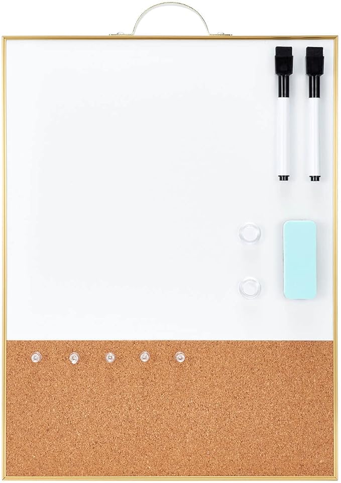 TSJ OFFICE Small Combination Board - 16" X 12" Portable Aluminum Gold Framed Magnetic Dry Erase Board for Wall, Small Bulletin Cork Board with Holder for Office, Home and School