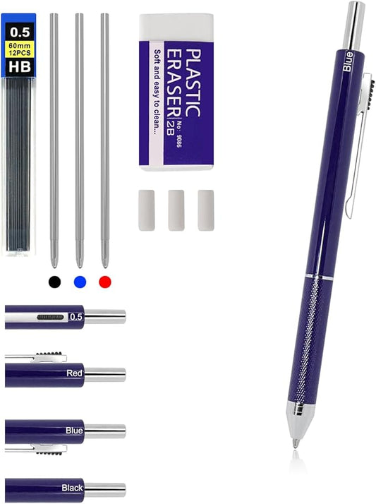 4-in-1 Four-Color Multifunctional Pen, Black/Red/Blue Ballpoint Pen and 0.5mm Mechanical Pencil, Metal Case Pen, Great Gift for Friends, Loved Ones (Blue)
