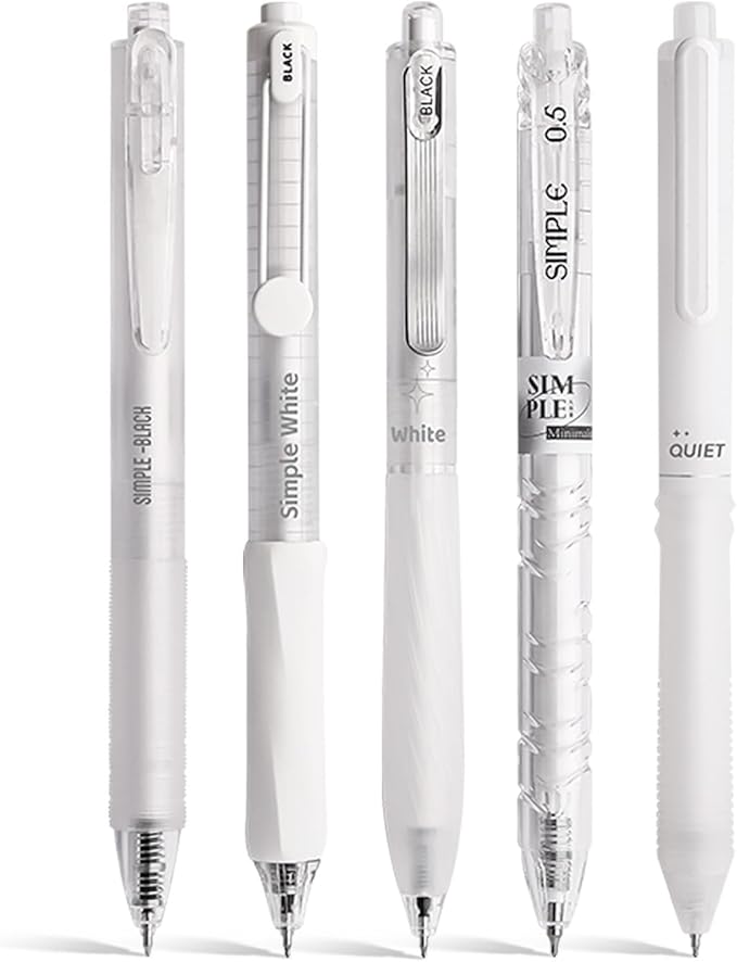 5 Count Pastel Gel Ink Pen Set,Cute Note Taking 0.5mm Fine Point Retractable 5 Count Black Ink Pens for Writing, Journaling, School, Office (White Clear)
