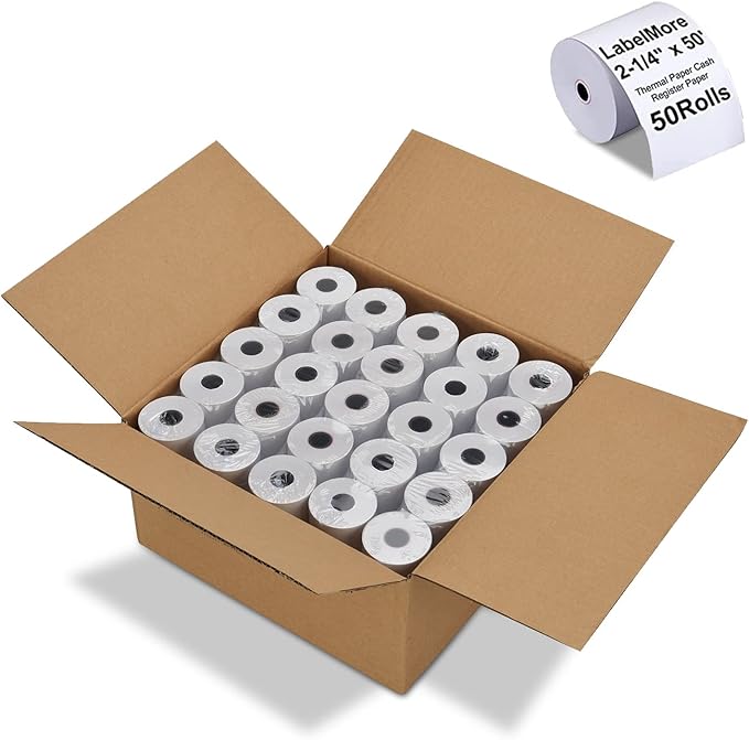 (50 Rolls) LabelMore 2 1/4" X 50' Thermal Paper Rolls, Credit Card Paper Rolls Thermal, Cash Register Roll, Premium Pos Thermal Printer Paper