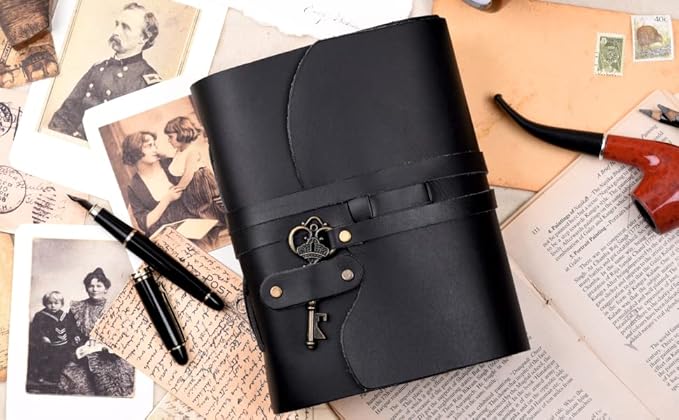 LEATHER VILLAGE Vintage Leather Journal – 200 Handmade Vintage Deckle Edge Paper – Leather bound Journal For Women Men – Vintage Key Closure - Book of Shadows - Black - 6X4 inches (A6)