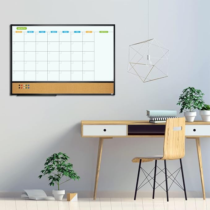 JILoffice Magnetic Calendar Whiteboard & Bulletin Corkboard Combination, Combo Board 36 x 24 Inch, 2 Pack, Black Aluminum Frame Wall Mounted Board for Office Home and School with 10 Push Pins