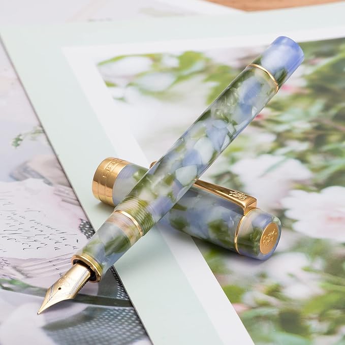 Jinhao 100 Fountain Pen Celluloid Classic Style, #6 Nib Smooth Writing Instrument with Refillable Converter and Pen Case Set