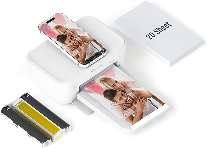 HPRT 4x6 Photo Printer, +20 Sheets&1 Ribbon, Picture Printer for iPhone, Android, Portable Dye-Sublimation, AR Video Printing（White）