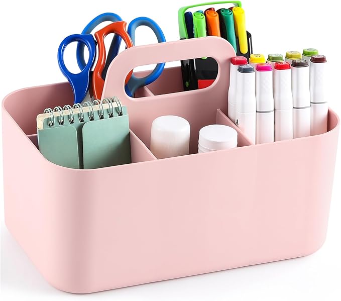 Multiuse Caddy Organizer with Handle - Stackable Plastic Tote Bin - Art Craft Supplies, Office, Desk, Stationery Pen Holder, Kitchen, Utensil, Makeup, Bathroom, Shower, Cleaning, Dorm Organizer - Pink