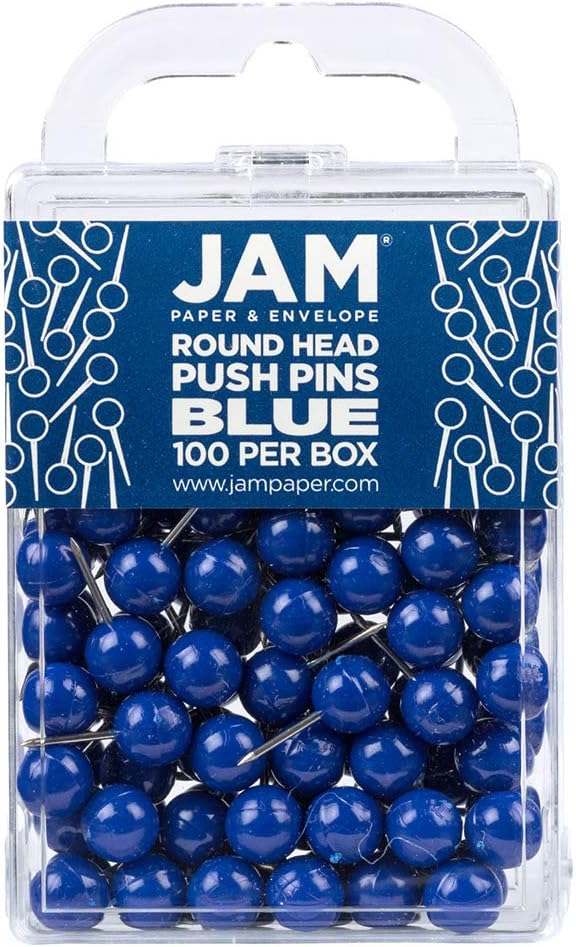 JAM PAPER Colorful Push Pins - Round Head Map Thumb Tacks - Blue Pushpins - 100/Pack