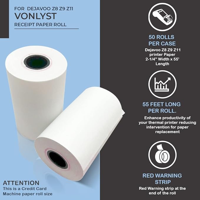 Credit Card Machine Paper Roll for Dejavoo Z8 Z9 Z11 (50 rolls)