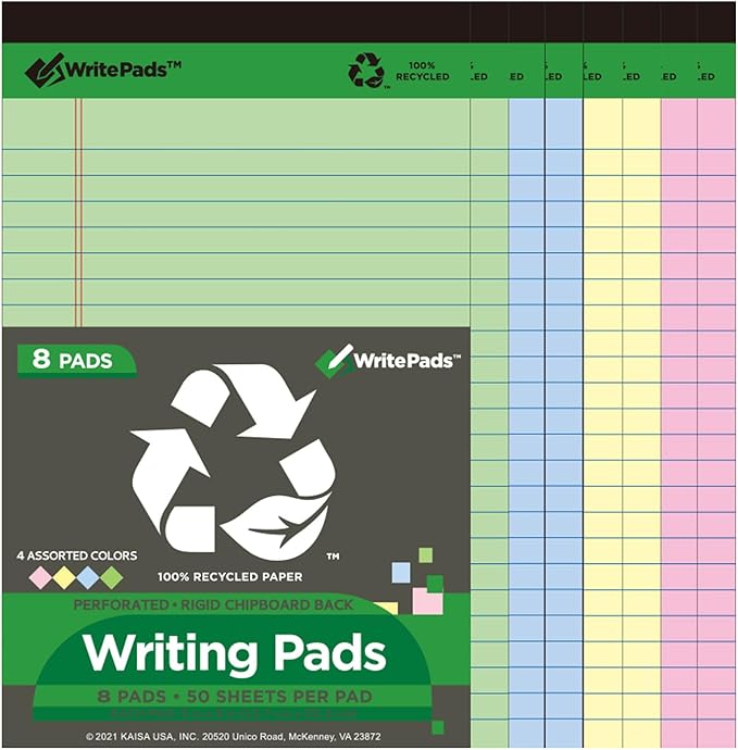 KAISA Colored Legal Pads - 5"x8" Narrow Ruled, 50 Sheets/Pad (8 Pads), Recycled Paper Writing Pad with Sturdy Back, Small Size for Easy Organization and Portability, KSU-6887