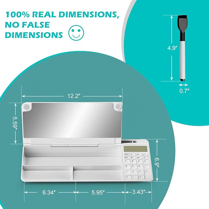 Desktop Glass Whiteboard with Mirror & Calculator(12 Digit LCD Display) & Ruler Marker,Tilted Computer Keyboard Stand with Dry Erase Board Surface, Desk Organizers with Accessories,White