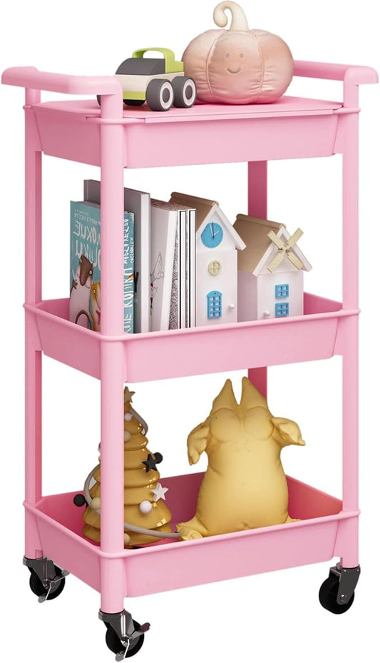 3-Tier Utility Rolling Cart with Cover Top Board, Mobile Utility Cart with Lockable Casters Multi-Functional Storage Trolley for Office, Bathroom, Kitchen, Garden, Laundry Room (Pink)