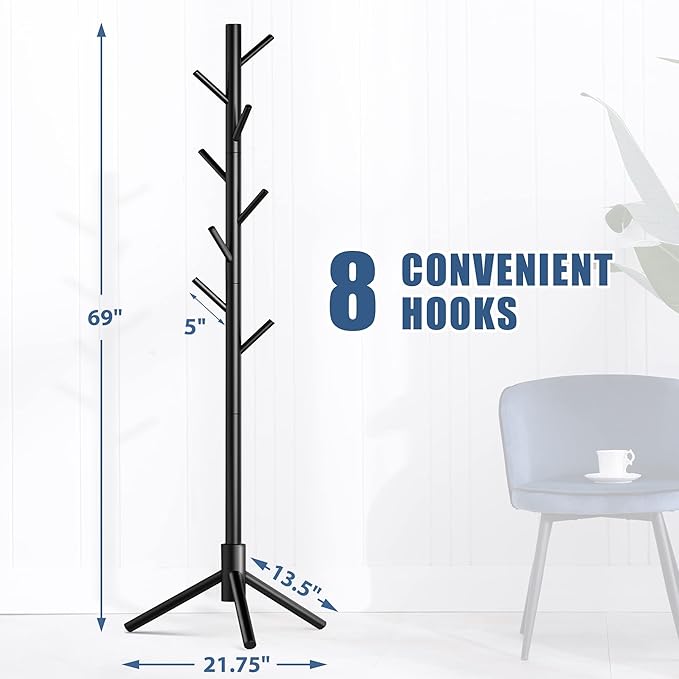 Haddockway Wooden Coat Rack Stand with 8 Hooks New Zealand Pine 3 Adjustable Coat Standing Tree Easy Assembly for Coats, Hats, Scarves and Handbags for Entryway, Hallway, Bedroom, Office