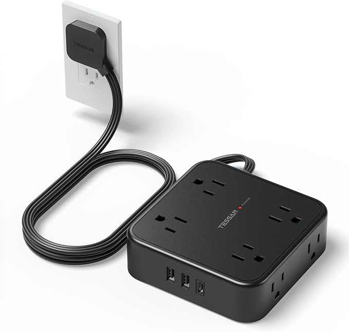 Surge Protector Flat Plug Power Strip, TESSAN Black Extension Cord, 8 AC Outlets, 3 USB Charger(1 USB C Port) 3 Side Outlet Extender, 5 Ft, 900 Joules Protection, Office Supplies, Dorm Essentials